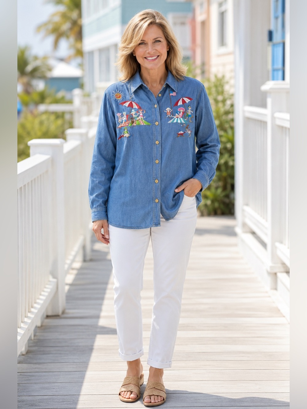 Bob Mackie Wearable Art Embroidered Beach Scene Denim Shirt Medium